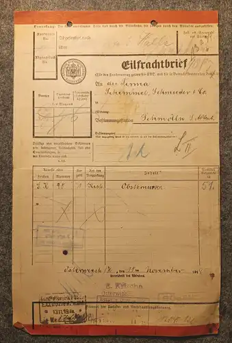 Eilfrachtbrief mit Marken 1919 Osterwieck Schmölln Königliche Eisenbahndirektion