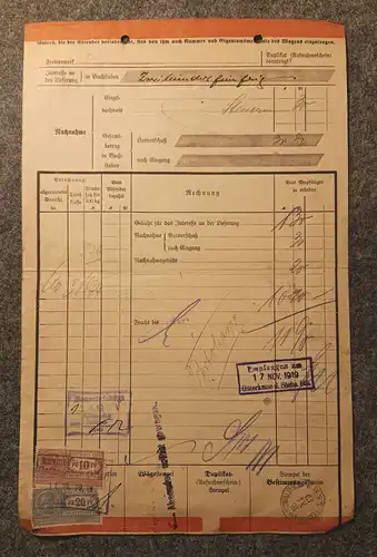 Eilfrachtbrief mit Marken 1919 Osterwieck Schmölln Königliche Eisenbahndirektion
