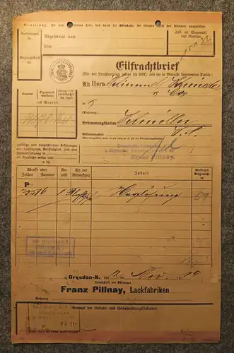 Eilfrachtbrief 1919 Dresden nach Schmölln mit Marken Sächsische Staatseisenbahn