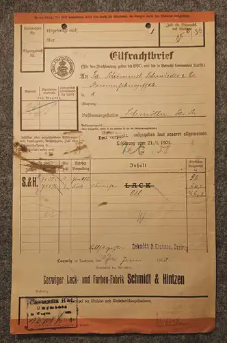 Eilfrachtbrief Sächsische Staatseisenbahn 1919 Coswig Schmölln mit Marke