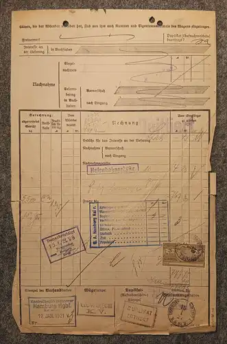 Hamburg nach Schmölln 1921 Frachtbrief Sächsische Staatseisenbahn
