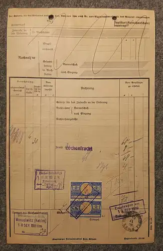 Frachtbrief alt 1919 Sächsische Staatseisenbahn Meuselwitz nach Schmölln