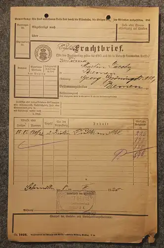 Sächsische Staatseisenbahn Frachtbrief alt 1920 Schmölln Bremen