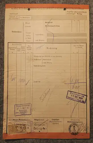 Coswig nach Schmölln 1919 Eilfrachtbrief Sächsische Staatseisenbahn