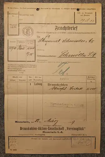 Frachtbrief mit Marken 1919 Braunkohlen Aktiengesellschaft Meuselwitz nach Schmö