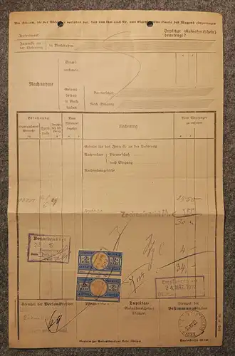 Frachtbrief mit Marken 1919 Braunkohlen Aktiengesellschaft Meuselwitz nach Schmö