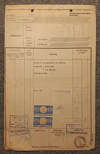 Frachtbrief Meuselwitz nach Schmölln mit Marken 1919