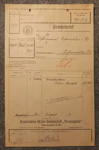 Braunkohlen Meuselwitz nach Schmölln Frachtbrief mit Marken 1919