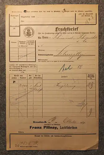 Frachtbrief Sächsische Staatseisenbahn Dresden Schmölln 1919 mit Marke