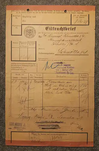 Leipzig nach Schmölln 1919 Eilfrachtbrief