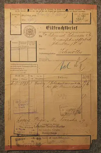 Frachtbrief 1919 Leipzig nach Schmölln mit Marken Sächsische Staatseisenbahn