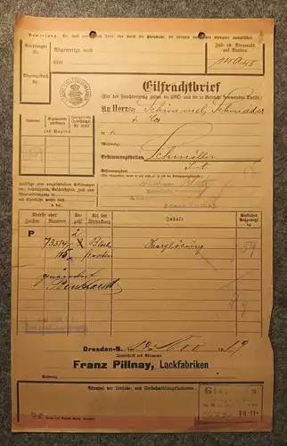 Frachtbrief Sächsische Staatseisenbahn mit Marken 1919 Dresden Schmölln