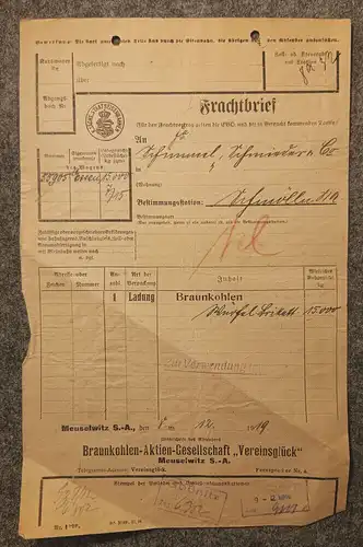 Alter Frachtbrief Meuselwitz Schmölln 1919