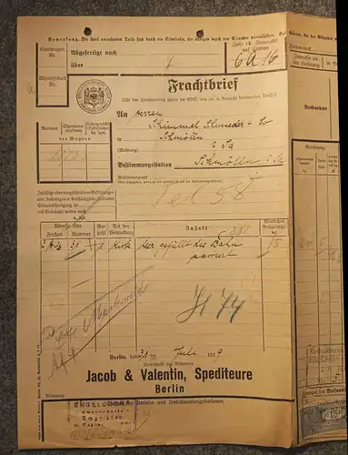 Rechnung alter Frachtbrief mit Marke 1919 Königliche Eisenbahndirektion Berlin