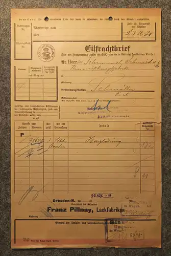 Dresden Schmölln Frachtbrief 1919 mit Marken alter Frachtbrief