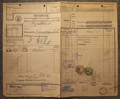 Frachtbrief 1919 Aue nach Schmölln Staatseisenbahn