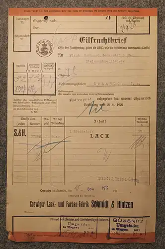 Sächsische Staatseisenbahn Coswig Schmölln Frachtbrief 1919