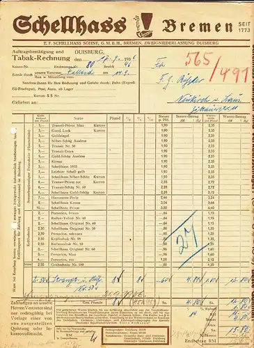 Werbe Rechnung Schellhass Bremen Tabakfabrik Duisburg 1936