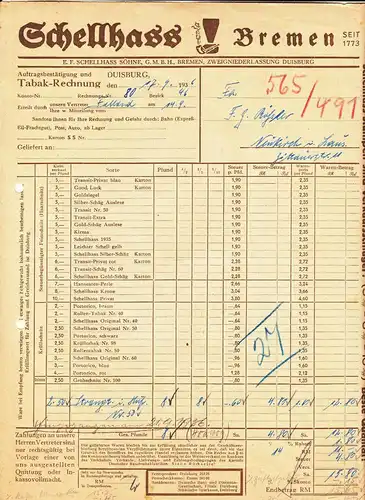 Werbe Rechnung Schellhass Bremen Tabakfabrik Duisburg 1936 