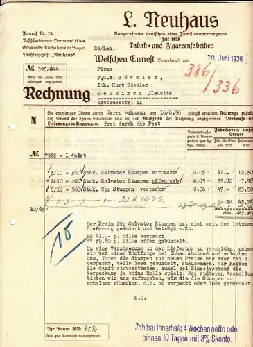Werbe Rechnung L. Neuhaus Tabak und Zigarrenfabrik 1936 Welschen Ennest 