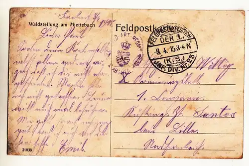 Künstler Ak Waldstellung am Miettebach 1915 WWI Feldpost ! (A2208