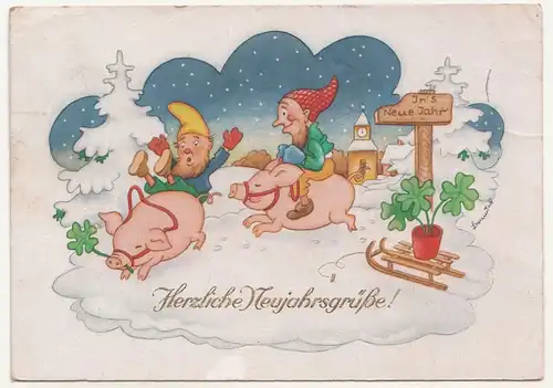 Ak Zwerge reiten Schweine In`s neue Jahr Neujahrsgruss 1948 ! (A2201