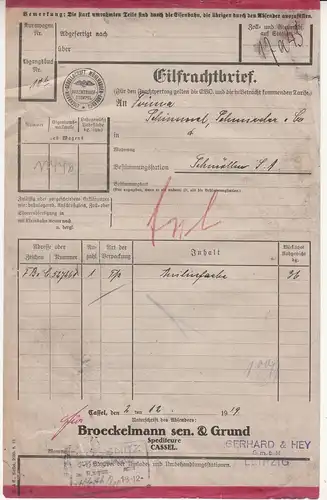 Eilfrachtbrief Broeckelmann sen. & Grund Cassel 1919 Eisenbahn drei Marken ! 