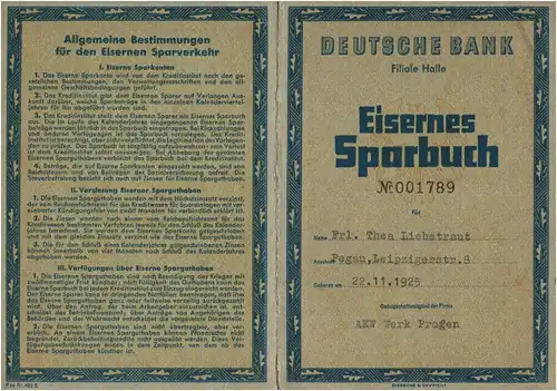 Eisernes Sparbuch Deutsche Bank 1942 bis 1944 Kohlewerke Pegau