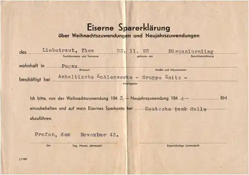 Eisernes Sparbuch Deutsche Bank 1942 bis 1944 Kohlewerke Pegau 