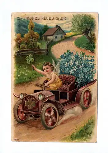 Ak Gold geprägt Mädchen Engel mit Kleeblatt im Auto Ein frohes neues Jahr 1908
