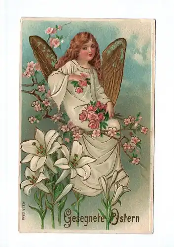 Ak Engel mit Rosen 1910 Gesegnete Ostern Gold geprägt