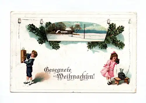 Ak Kinder Junge Mädchen beim telefonieren Winter Gesegnete Weihnachten 1917