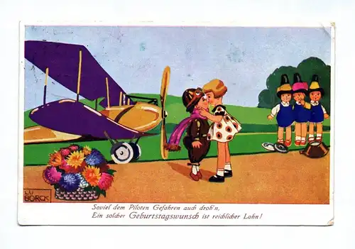 Ak Kinder Mädchen küsst Jungen am Flugzeug 1932 Geburtstagswunsch