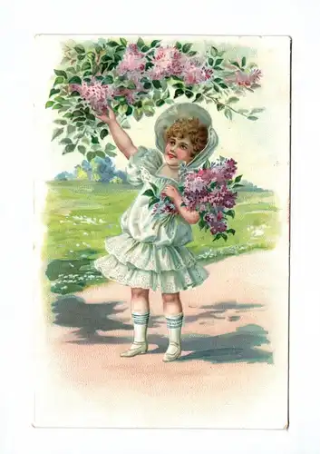 Ak Mädchen im weißen Kleid mit Blumenstrauß in der Hand 1909