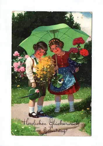 Ak Kinder unterm Sonnenschirm mit Blumen 1928 Glückwunsch Geburtstag