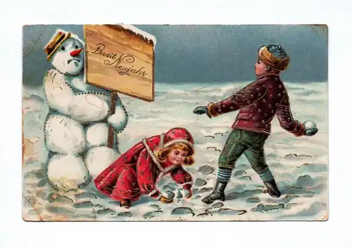 Ak Prosit Neujahr Schneemann Schild Kinder spielen im Schnee 1915 Gold geprägt