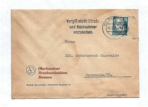 Briefkuvert DDR 1953 Oberlausitzer Druckwerkstätten Bautzen