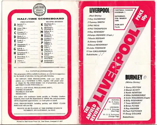 Fussball Programmheft Liverpool Football League Division 1 März 1976 Review !