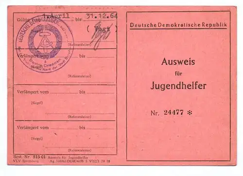 Ausweis für Jugendhelfer DDR 1964 Dresden