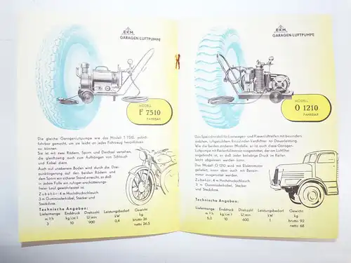 Altes Werbe Prospekt EKM Garage Luftpumpe Reifen Luftdruckprüfer Autopflege 1954