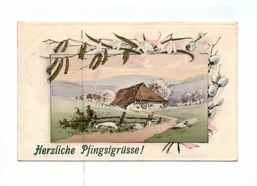 Ak Herzliche Pfingstgrüße Haus im Freien 1917 Feldpostkarte Feldlazarett 141
