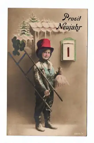 Ak Kind mit Leiter, Kleeblättern und Geldsack Prosit Neujahr 1916
