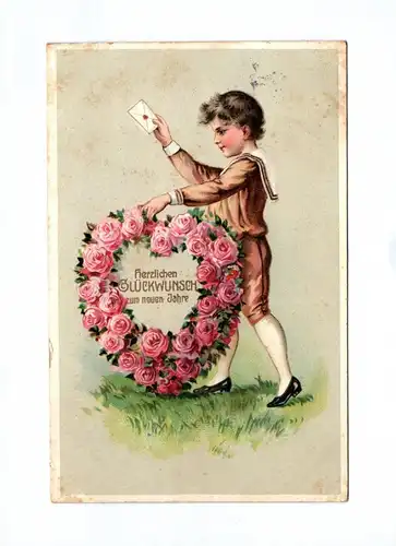 Ak Kind mit Brief und Rosenkranz Herzlichen Glückwunsch zum neuen Jahre 1916