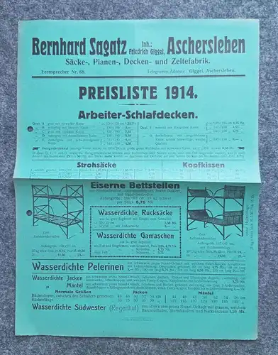 Preisliste von 1914 Arbeiter Schlafdecken Aschersleben alte Reklame