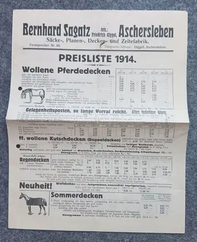 Bernhard Sagatz alte Preisliste von 1914 wollene Pferdedecken Aschersleben