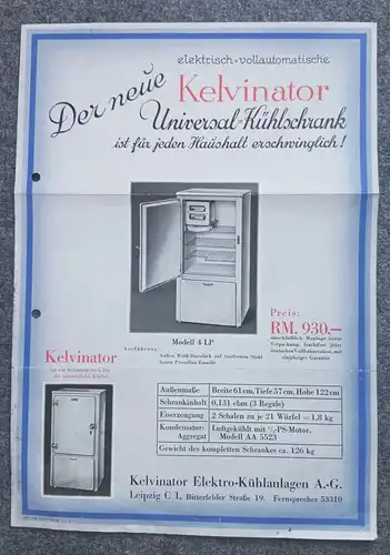 Altes Reklame Blatt Kelvinator Deutsches Reich Elektro Kühlanlagen Leipzig