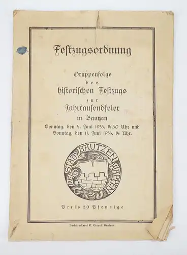 Bautzen Festzugsordnung historischer Festzug Jahrtausendfeier 1933