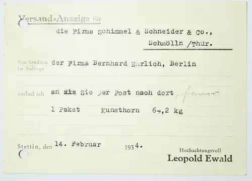 Drucksache Leopold Ewald Stettin Spedition 1934