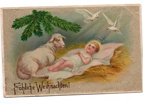 Ak Lamm mit Jesuskind Tauben Fröhliche Weihnachten um 1910