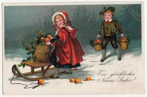 Geprägte Ak Neujahr Kinder mit Äpfeln & Nistelzweigen 1911